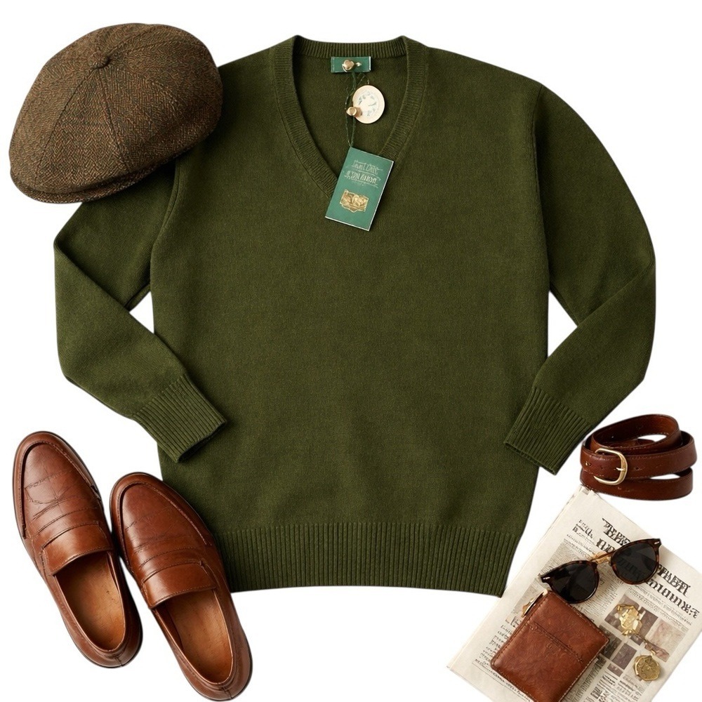 Alan Paine 100% Lambswool V-Neck Sweater UK 44 Loden Green Pullover NWT